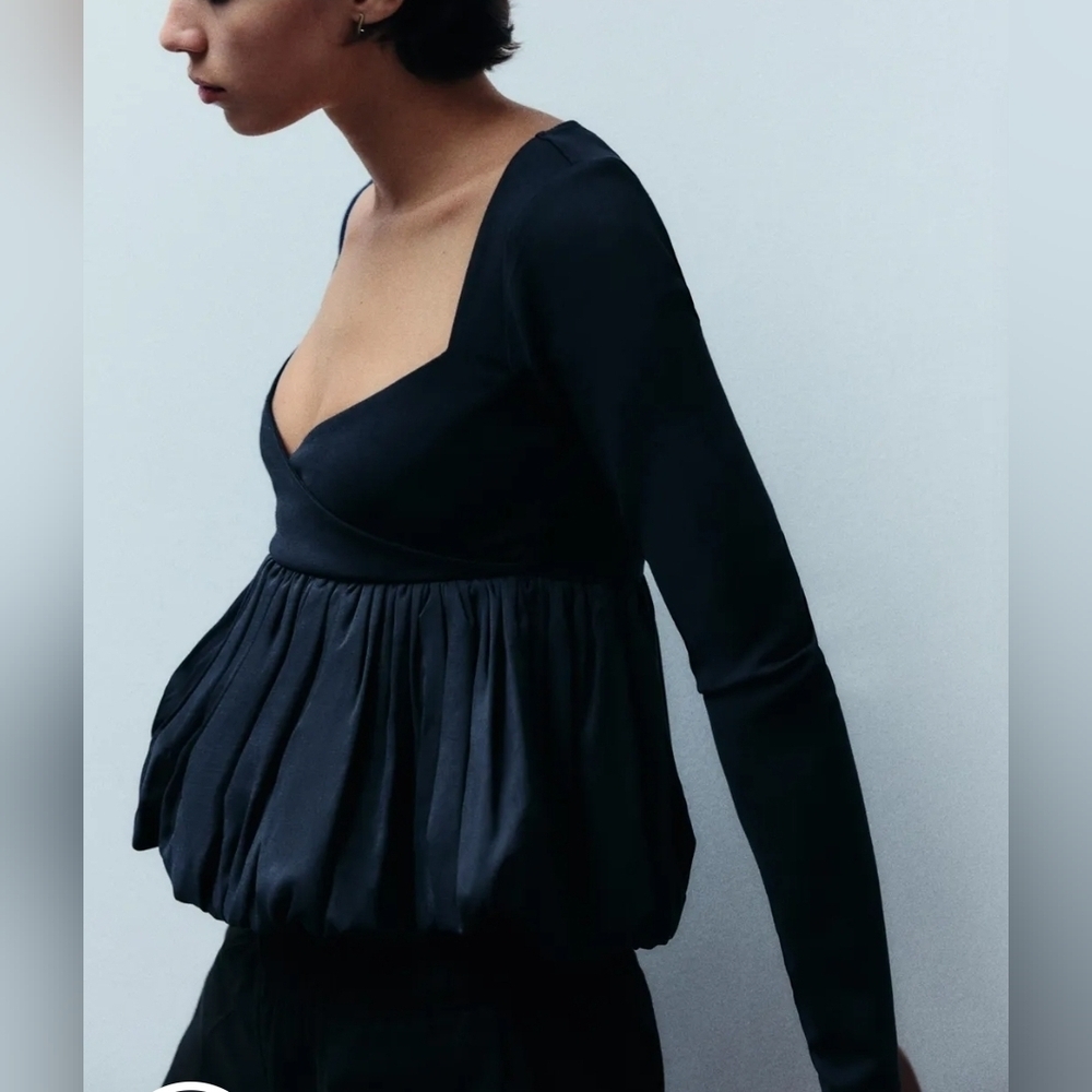 Zara Balletcore Ruffle Bubble Hem Peplum Square V-neck Long Sleeved Crop Top - Picture 2 of 4